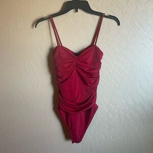 Express Red Body Contour Skinny Strap Ruched Bodysuit